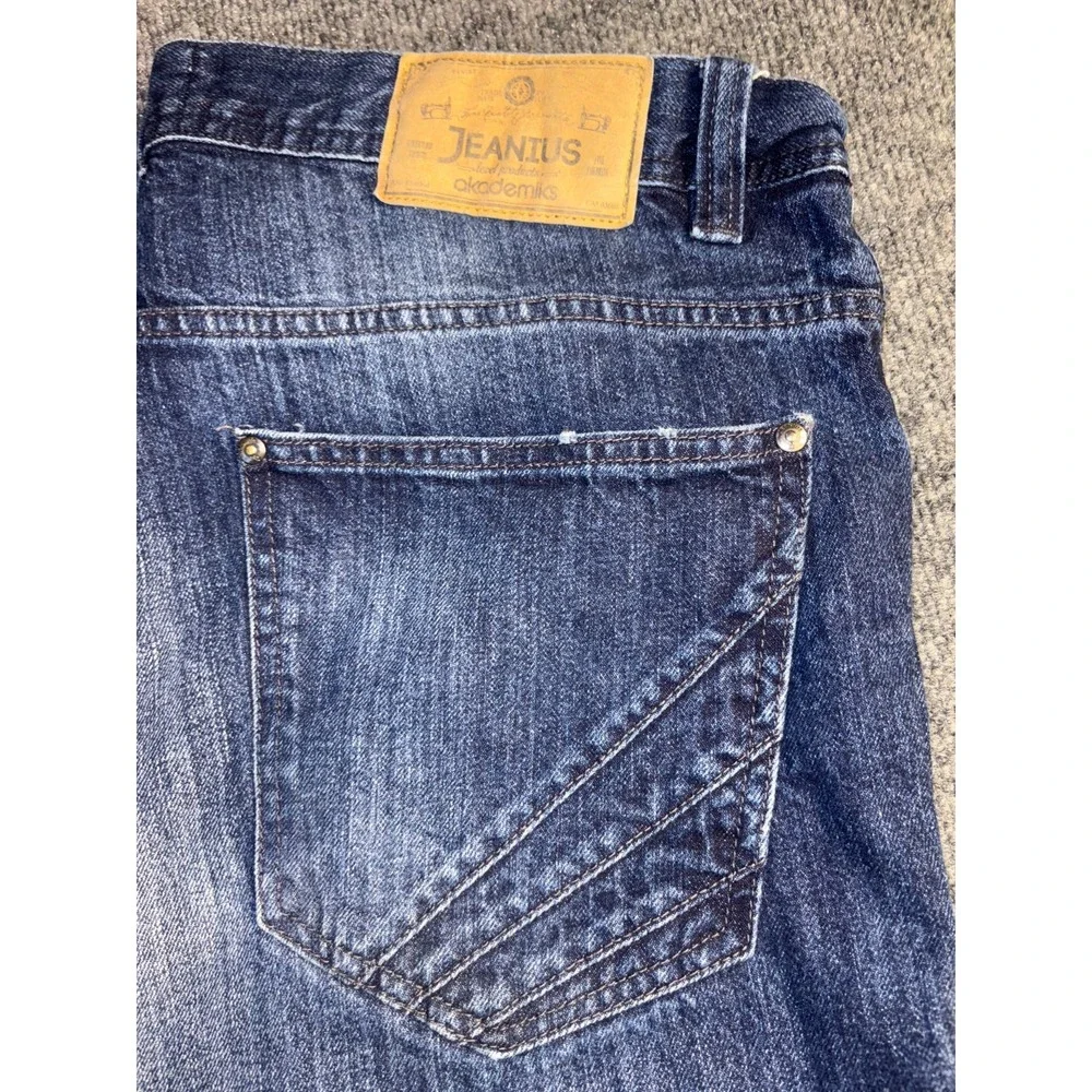JEANIUS Akademiks Jeans Men 38 Blue Denim Stitch Distressed Stretch Straight Leg